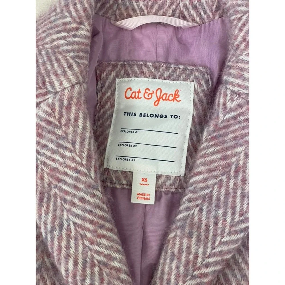 Cat & Jack Girls Pink Herringbone Pea Coat Wool Blend Jacket XS 4-5 NWT